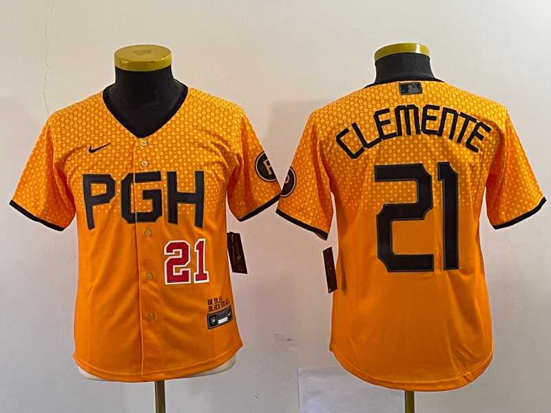 Youth Pittsburgh Pirates #21 Roberto Clemente Number Yellow 2023 City Connect Stitched Jersey->mlb youth jerseys->MLB Jersey